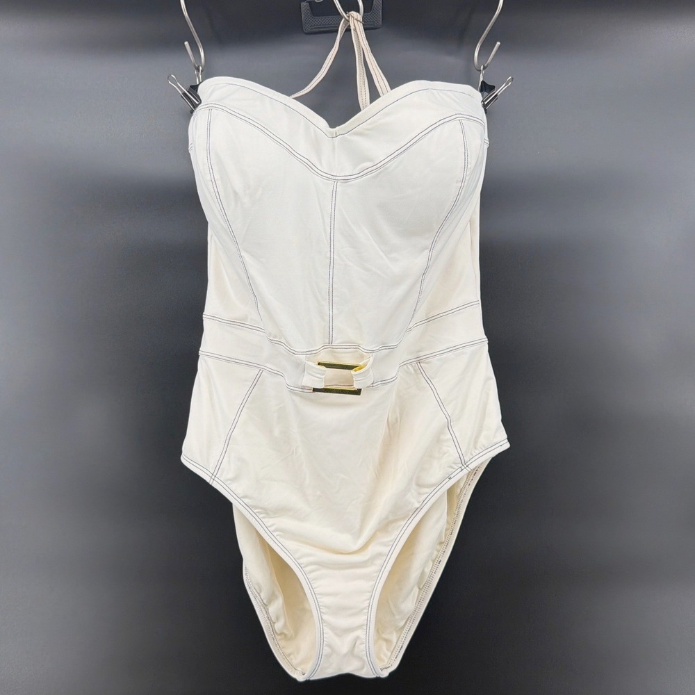 Bleu Rod Beattie Belted One Piece Swimsuit Womens 12 Ivory Nylon Retro Halter